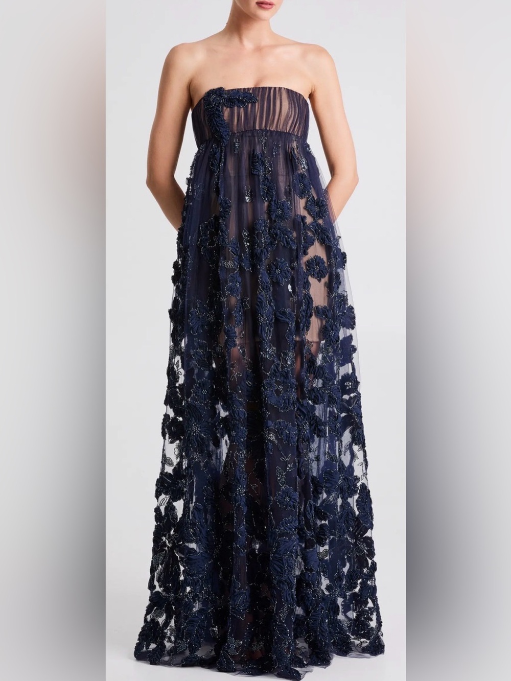 NEW HELSI Beatrice Strapless 3D Embellished Floral Sheer navy Gown sz XS
